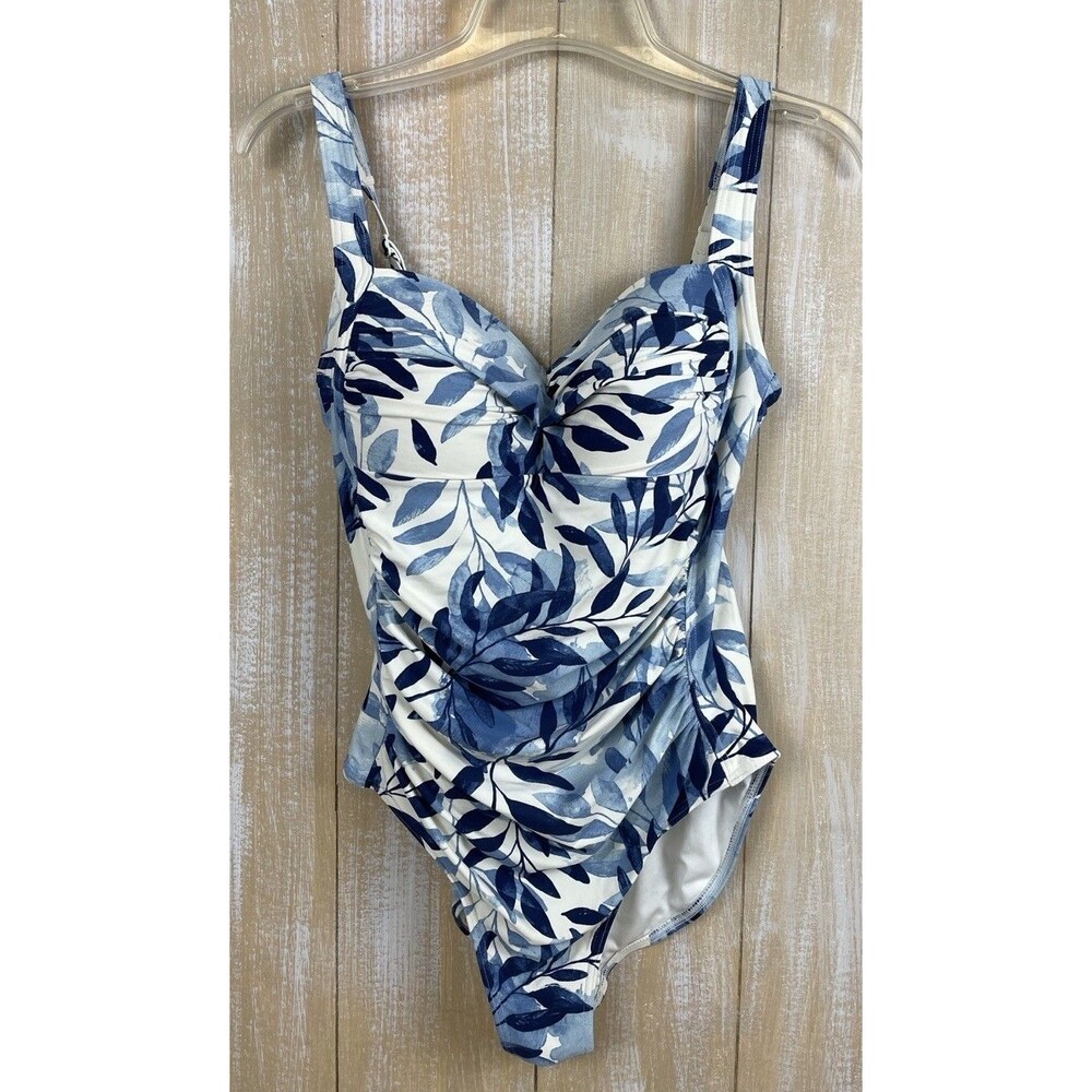 Nip Tuck Swim One-Piece Swimsuit Blue Leaves Sz 8 Multi Fit Cup Tummy Control